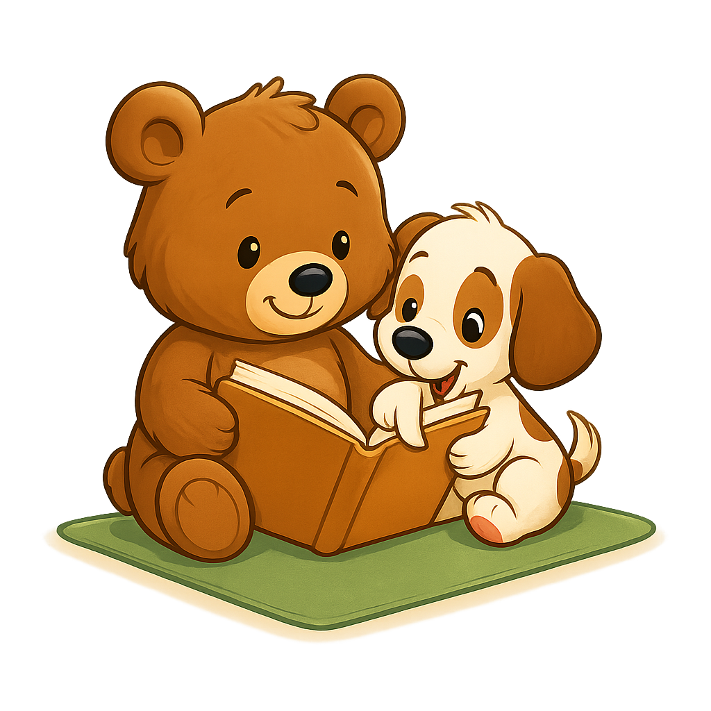 Bär und Hund lesen gemeinsam ein Buch und lernen Englisch